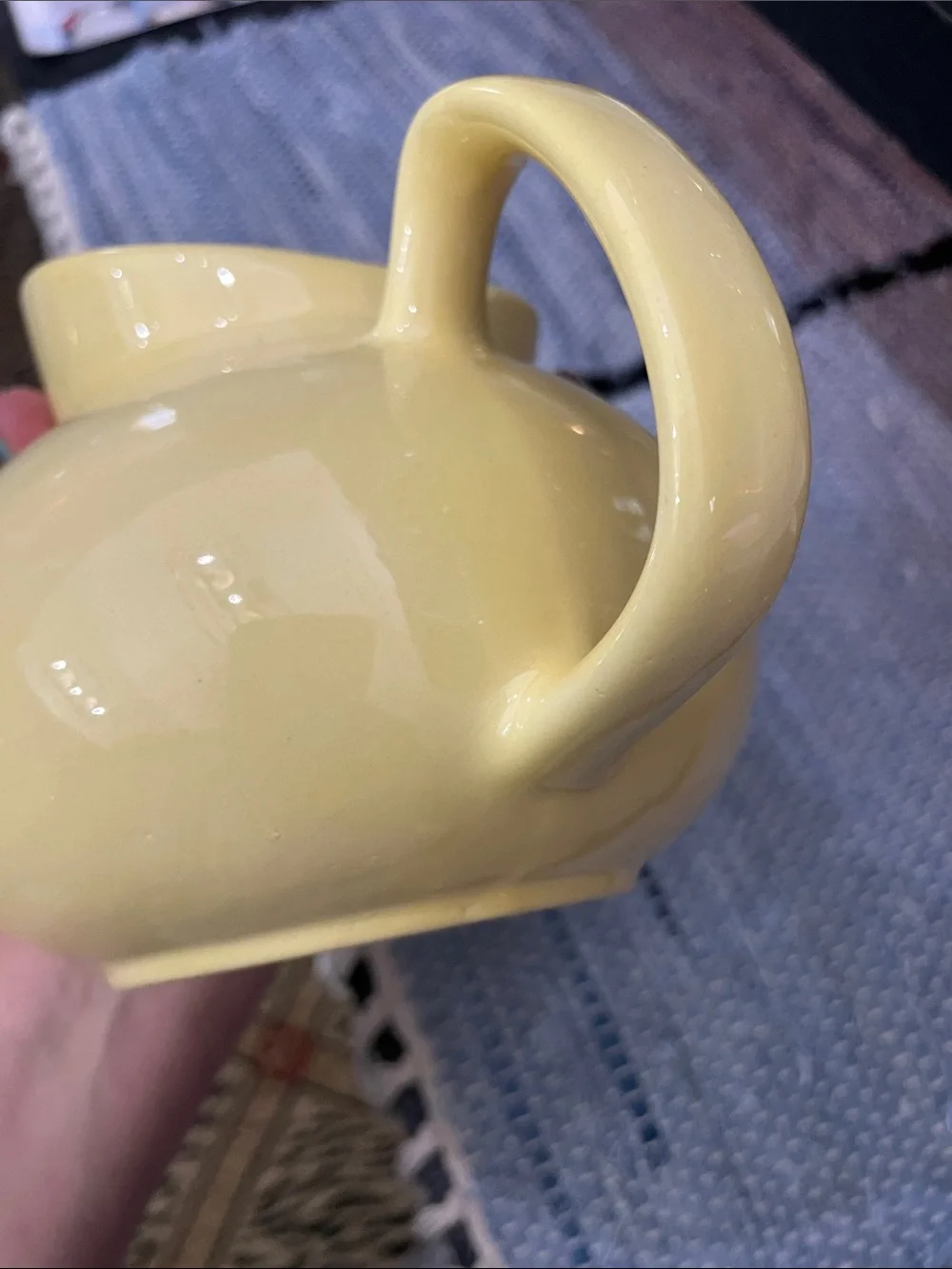 Yellow Ceramic Pitcher. Glossy, Round 5x5. No cracks. One tiny chip on bottom